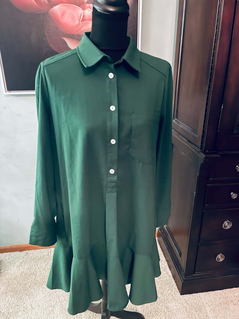 Tuckernuck Green Long Sleeve Button Front Flounce Hem Mini Dress Sz M A452